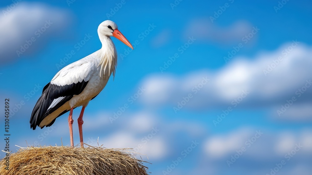 Observation of a white stork on hay bale under a vibrant blue sky Observation of a white stork on hay bale under a vibrant blue sky
