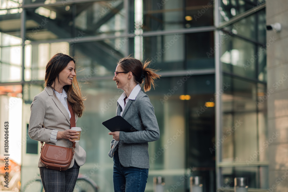 Fototapeta premium Two businesswomen talking and smiling outside office building