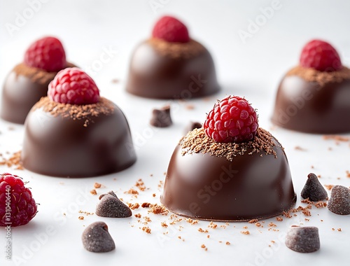 Delicious chocolate raspberry cakes decorated with fresh raspberries and chocolate shavings on a bright background : Generative AI