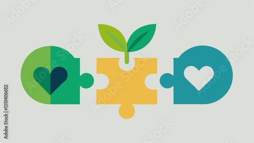 Puzzle Pieces Interlocking puzzle pieces that each represent different aspects of ESG – one with a leaf another with a heart and a third with a checkmark for governance.