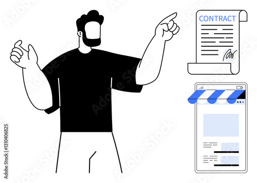Wallpaper Mural Business professional explaining a signed contract and a digital webpage layout. Ideal for business, e-commerce, legal, technology, communication, entrepreneurship, partnership themes. Flat simple Torontodigital.ca