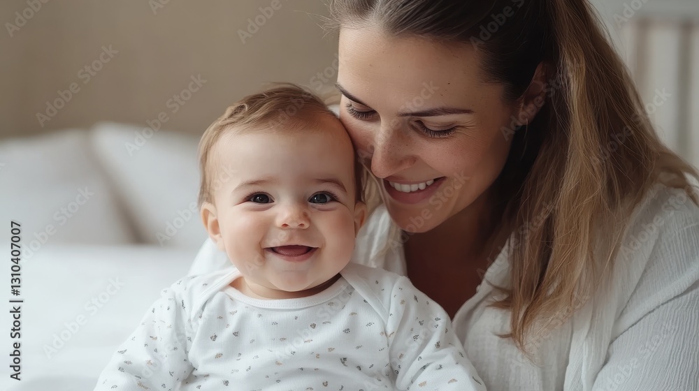 Kissing warmth between a mother and her smiling baby in a cozy setting Kissing warmth between a mother and her smiling baby in a cozy setting