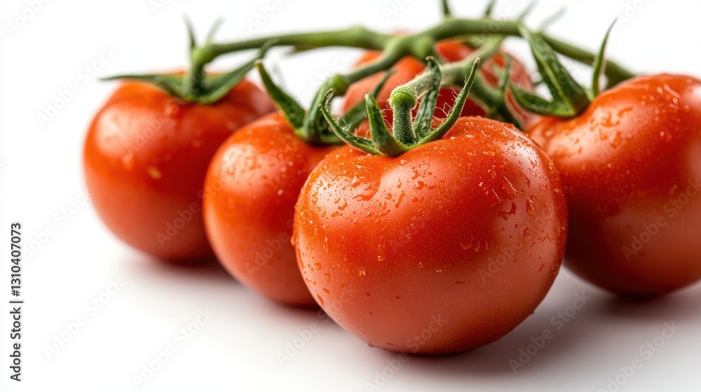Fresh juicy red tomato with vibrant green leaves on a clean white background Fresh juicy red tomato with vibrant green leaves on a clean white background