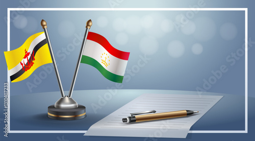 Brunei and Tajikistan National flags on small table with bokeh background, cooperative relationship. Template vector Illustration