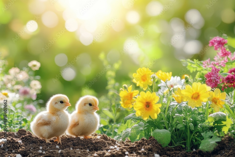 Charming Baby Chicks Among Colorful Flowers in Sunlit Garden Charming Baby Chicks Among Colorful Flowers in Sunlit Garden