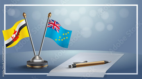 Brunei and Tuvalu National flags on small table with bokeh background, cooperative relationship. Template vector Illustration