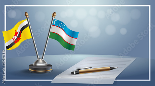 Brunei and Uzbekistan National flags on small table with bokeh background, cooperative relationship. Template vector Illustration