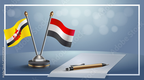 Brunei and Yemen National flags on small table with bokeh background, cooperative relationship. Template vector Illustration