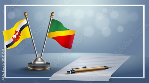 Brunei and Republic of North Congo National flags on small table with bokeh background, cooperative relationship. Template vector Illustration