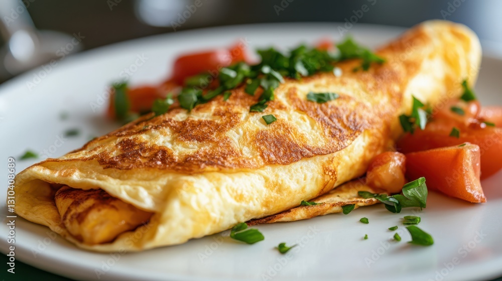 Delicate plain omelette garnished with fresh herbs and ripe tomatoes Delicate plain omelette garnished with fresh herbs and ripe tomatoes