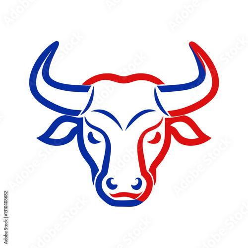 Bull icon in red and blue colors, powerful symbolism concept