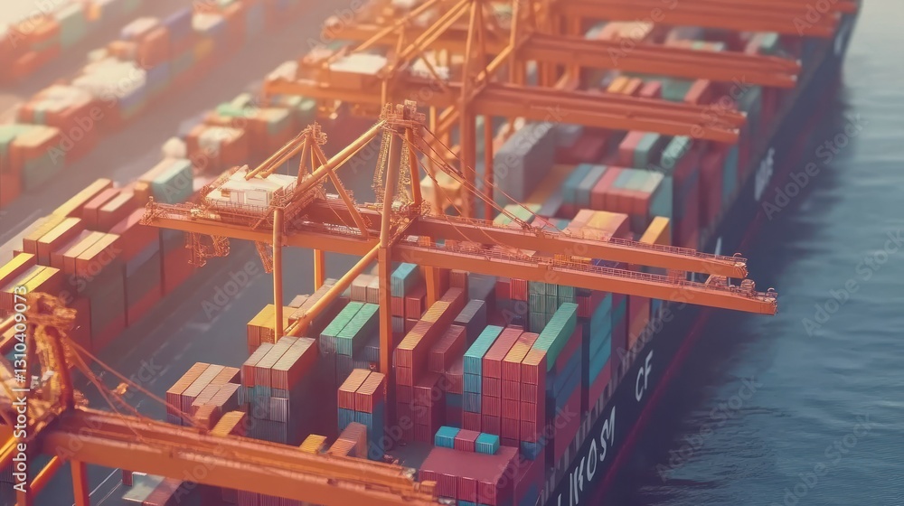 Cargo ships unloading containers at port with cranes in vibrant sunset light Cargo ships unloading containers at port with cranes in vibrant sunset light