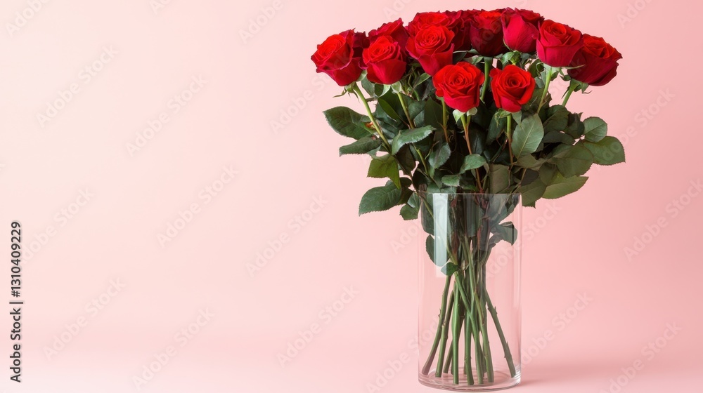 Obraz premium A bouquet of red roses elegantly arranged in a glass vase on a pastel pink background.