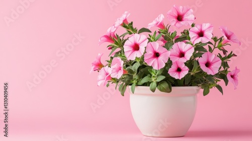 Wallpaper Mural A ceramic pot filled with blooming pink petunias placed on a pastel pink background. Torontodigital.ca