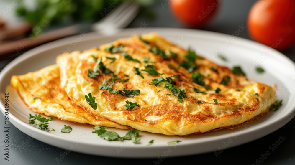 Perfectly cooked plain omelette garnished with fresh herbs on a plate Perfectly cooked plain omelette garnished with fresh herbs on a plate
