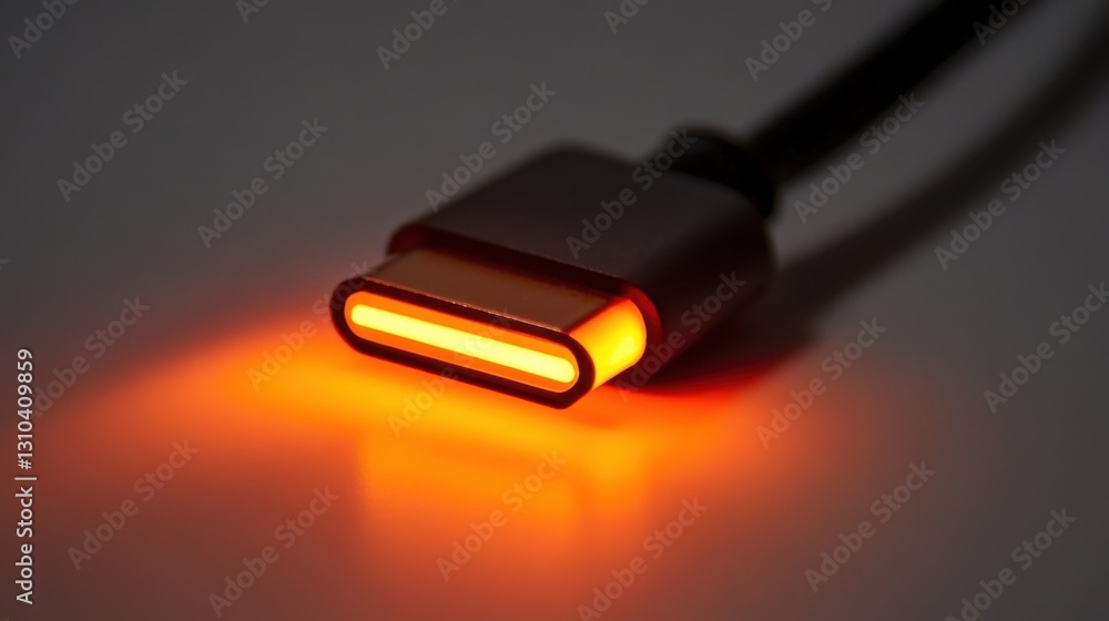 Fototapeta premium A close-up of a high-speed USB-C cable with a glowing LED tip on a white backdrop.