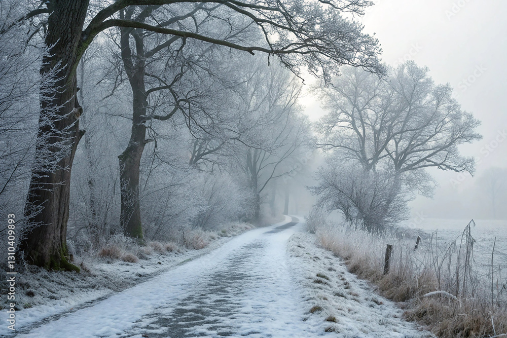 Obraz premium Pathway leading through foggy wilderness in winter