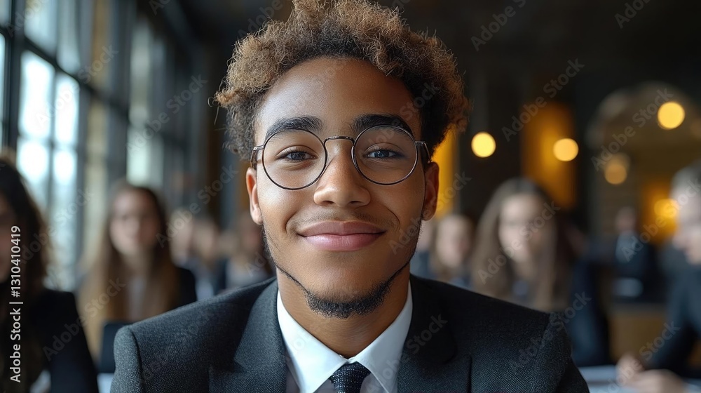 Fototapeta premium Young man in a suit smiling confidently in a modern office setting with colleagues in background