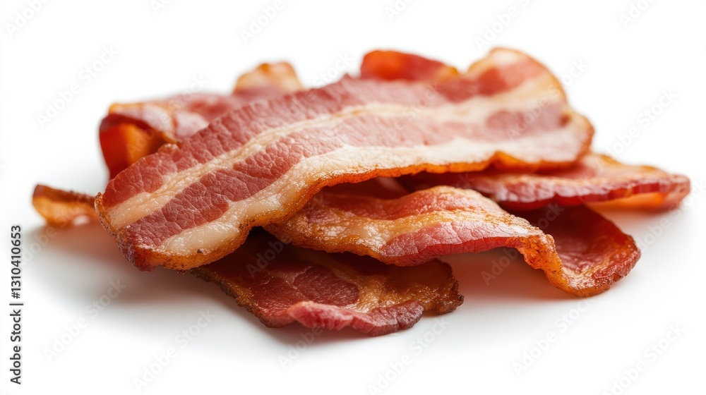 Crispy bacon strips delightfully arranged on a clean white background Crispy bacon strips delightfully arranged on a clean white background