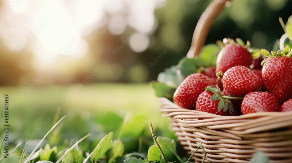Freshly picked strawberries in a woven basket on vibrant green grass Freshly picked strawberries in a woven basket on vibrant green grass