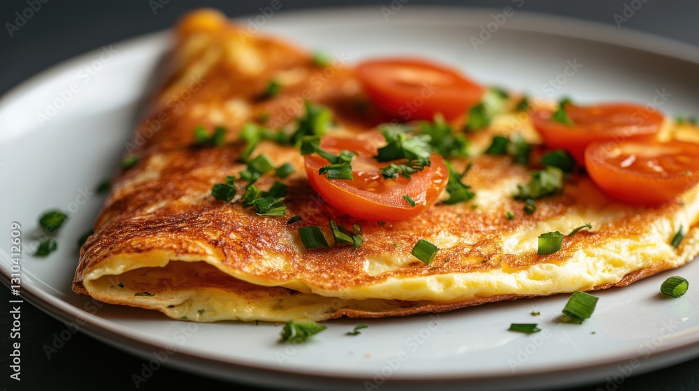 Perfectly cooked plain omelette garnished with fresh tomatoes and herbs Perfectly cooked plain omelette garnished with fresh tomatoes and herbs