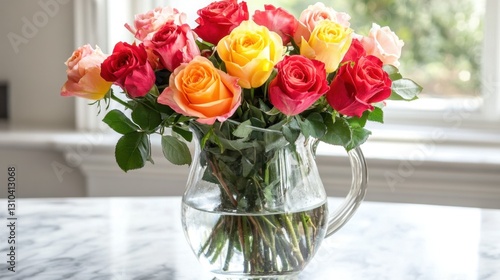 Wallpaper Mural A glass pitcher filled with freshly cut roses in shades of red, pink, and yellow on a marble counter. Torontodigital.ca