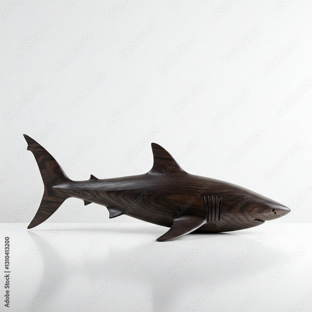 Fototapeta premium dark wooden shark sculpture on white background