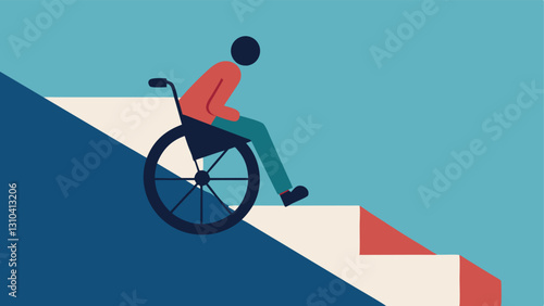 Steep Gradient Ramp An of a person using a wheelchair on an excessively steep ramp that poses a risk of rolling back inadequate design in public spaces.