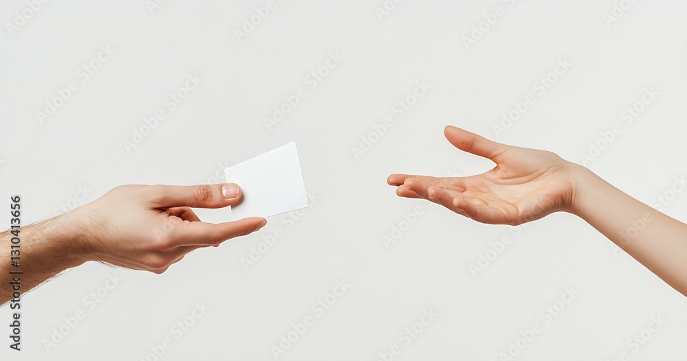 Obraz premium Two hands exchanging a blank business card symbolizing networking and professional connections in a minimalistic setting : Generative AI
