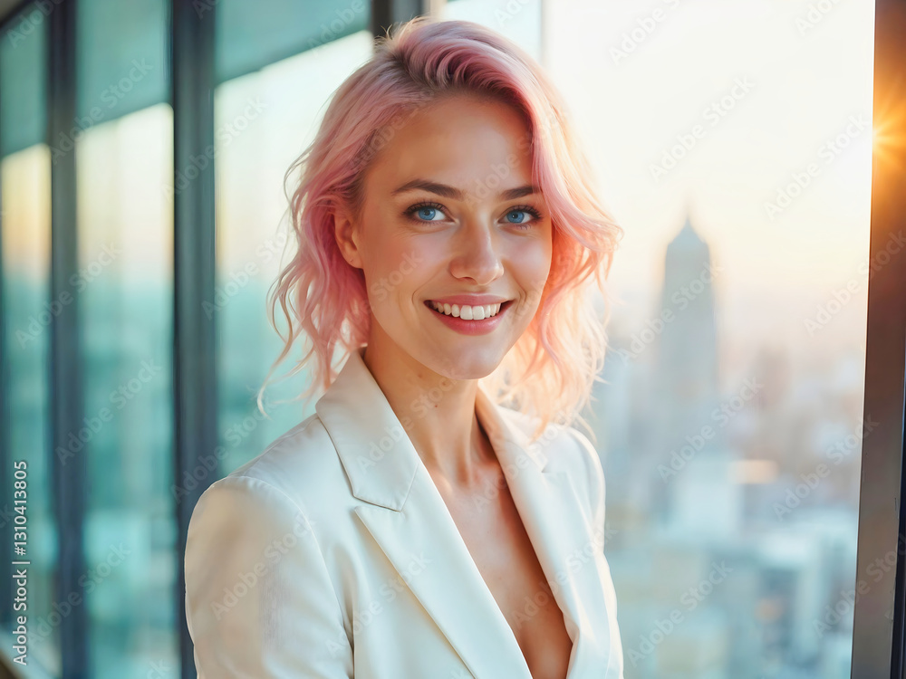 Young elegant confident businesswoman with pink hairstyle smiling in modern office, female ceo, successful lady,
