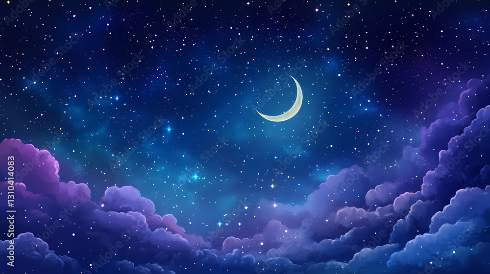 A starry night sky with a crescent moon and clouds. Celestial - Angel. Illustration A starry night sky with a crescent moon and clouds. Celestial - Angel. Illustration