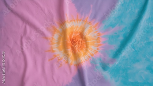 Pastel tie-dye fabric texture with pink, orange, and blue swirls.