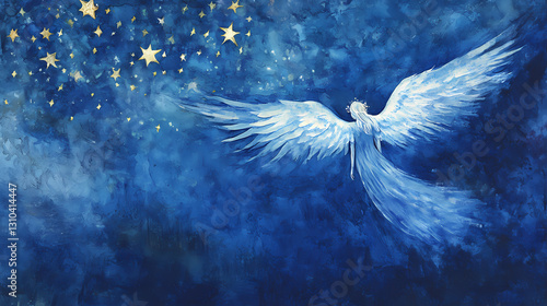 Abstract blue watercolor background with dark and light shades resembling a night sky filled with stars. Celestial - Angel. Illustration