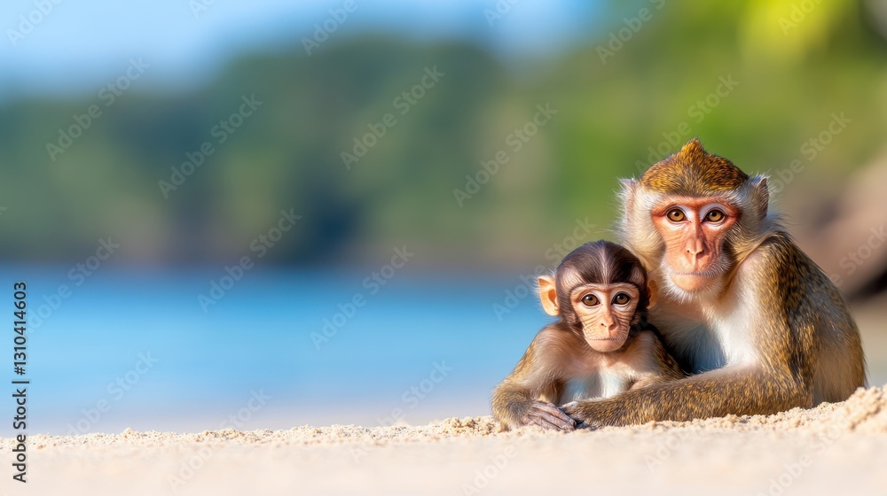 Naklejka premium Brown monkey mother cuddles with her young child in soft sand by the shore