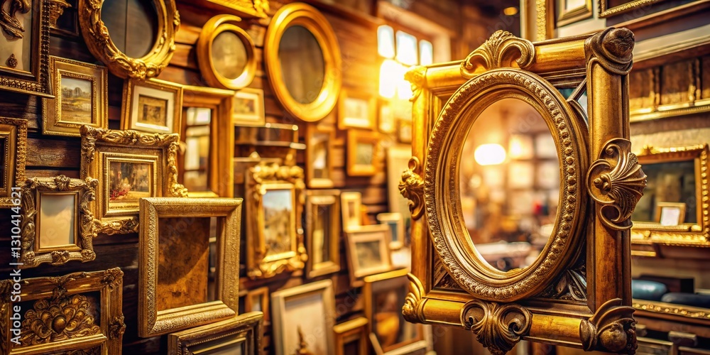 Fototapeta premium Double Exposure: Vintage Gold Antique Picture Frames & Mirrors - Round, Square, Portrait