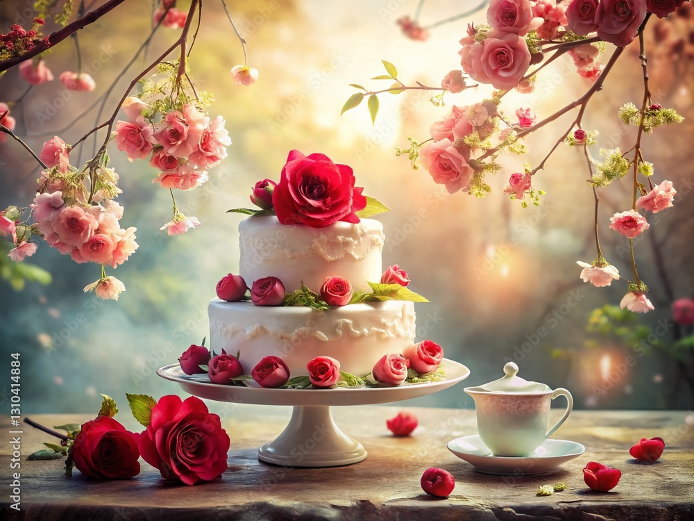 Double Exposure: Wedding Cake, Roses, Cherry Blossoms & Teacups - Romantic Still Life Double Exposure: Wedding Cake, Roses, Cherry Blossoms & Teacups - Romantic Still Life