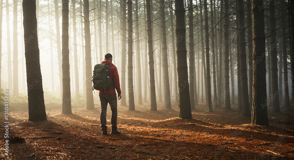 Hiker exploring misty forest with tall pine trees Hiker exploring misty forest with tall pine trees
