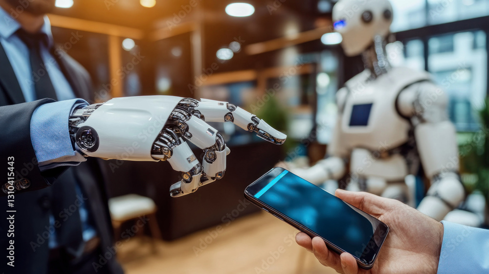 Fototapeta premium Human and robot interaction with smartphone technology in a modern office setting
