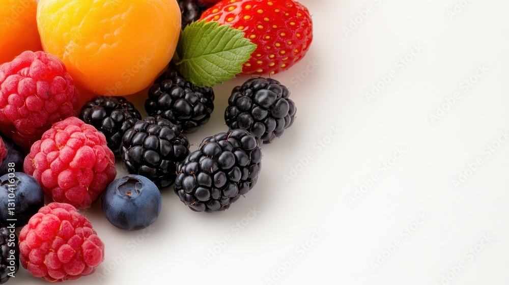Colorful berry frame creating a delightful contrast against a white backdrop Colorful berry frame creating a delightful contrast against a white backdrop