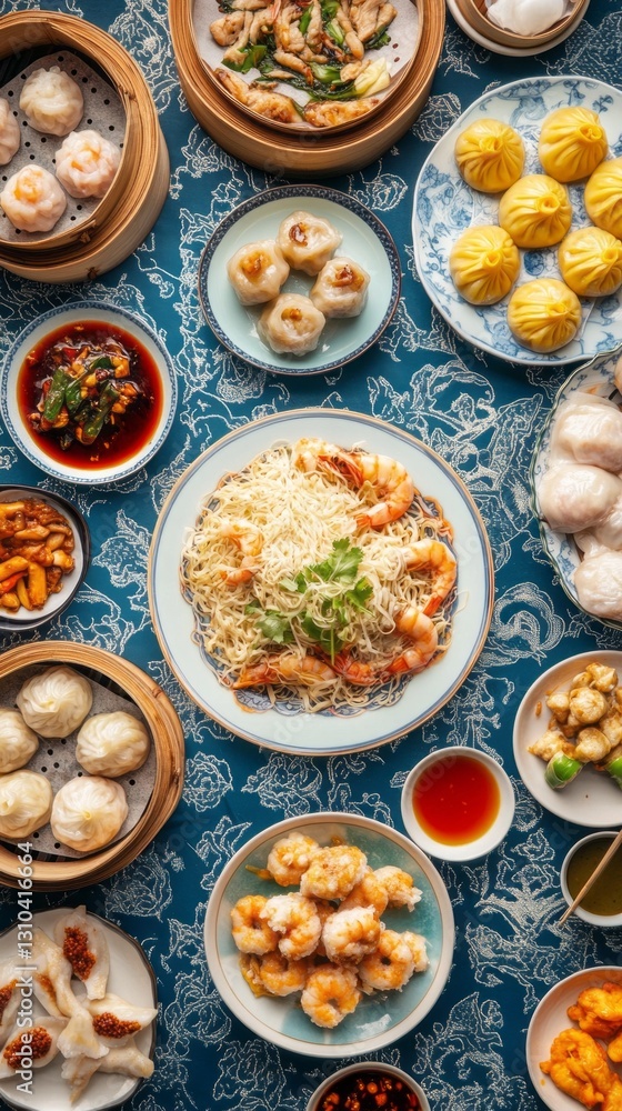A delightful assortment of dim sum and Asian delicacies is artfully arranged on a colorful table. The spread includes dumplings, noodles, and varied sauces, inviting guests to indulge A delightful assortment of dim sum and Asian delicacies is artfully arranged on a colorful table. The spread includes dumplings, noodles, and varied sauces, inviting guests to indulge