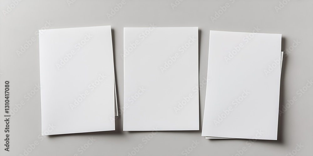 Three blank sheets of white paper arranged on a gray background for creative design mockups : Generative AI Three blank sheets of white paper arranged on a gray background for creative design mockups : Generative AI