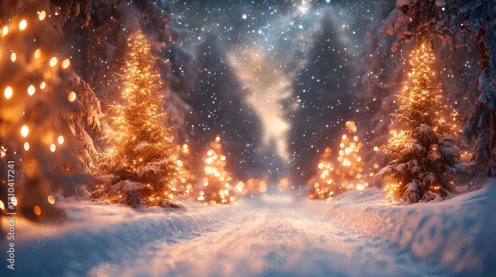 Fototapeta premium Snowy forest path lit by Christmas lights at night