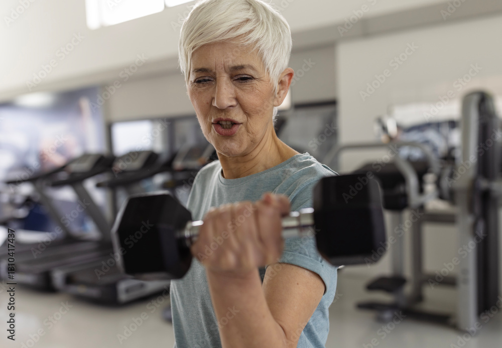 Obraz premium Older woman exercising with dumbbell in modern gym