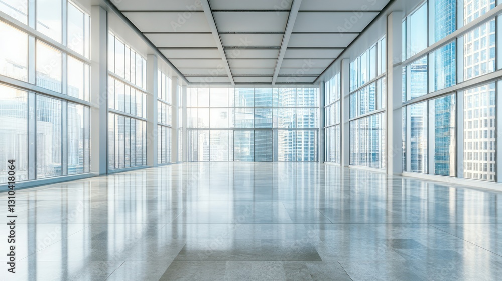 Spacious Modern Office Interior with Large Windows and Cityscape View Spacious Modern Office Interior with Large Windows and Cityscape View