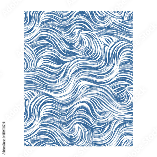 A seamless pattern featuring stylized waves in shades of blue and off-white. The waves are rendered with a textured, brush,hand-drawn or printed effect, creating a slightly distressed or vintage look.