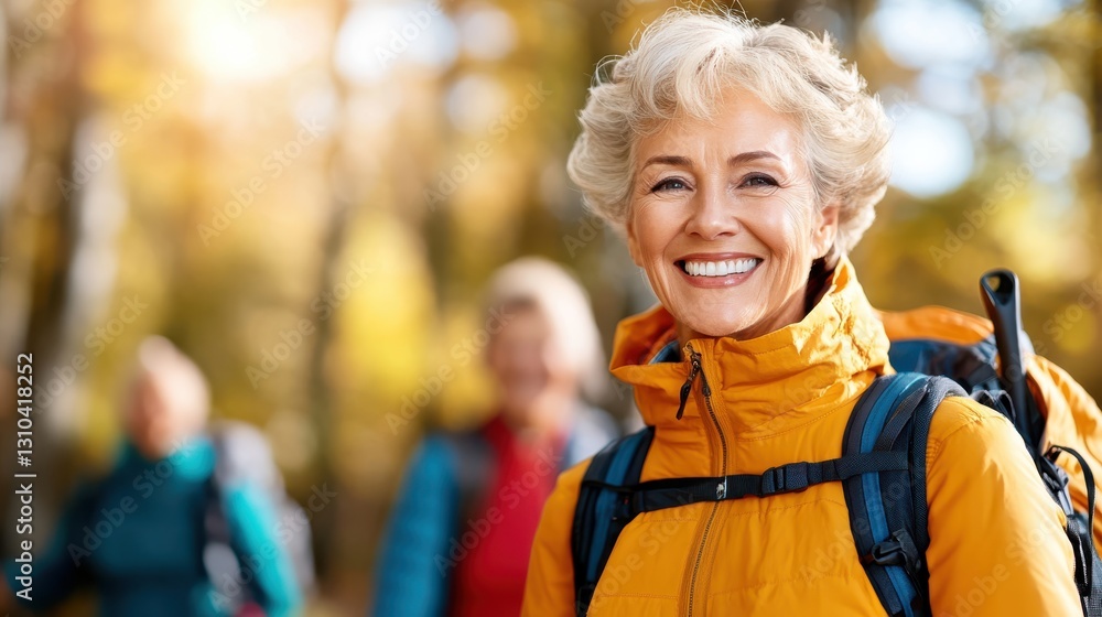 Seniors enjoy a vibrant autumn walk in the forest Seniors enjoy a vibrant autumn walk in the forest