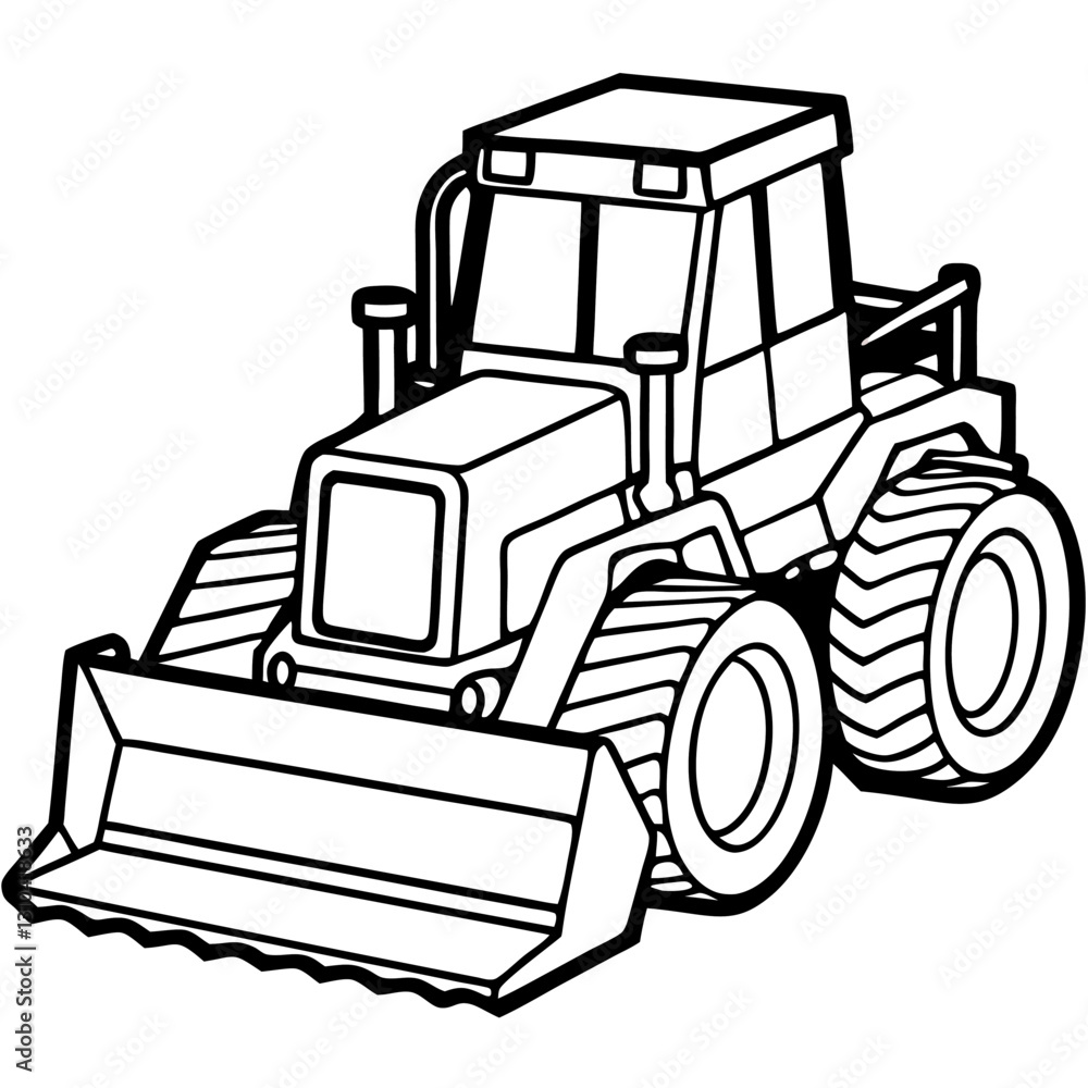 Naklejka premium Bulldozer Black and White Outline Vector Illustration – Construction Clipart & Line Art Design, Bulldozer outline vector clipart – perfect for construction-themed designs, logos, and prints.