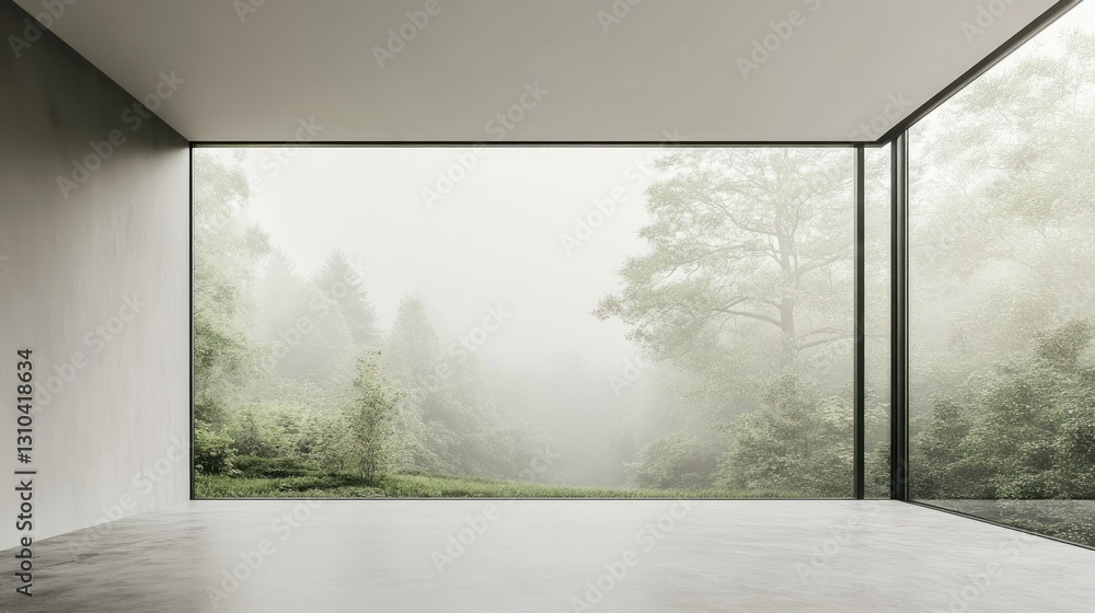 Obraz premium Serene Modern Interior with Large Window Overlooking Foggy Green Forest Landscape
