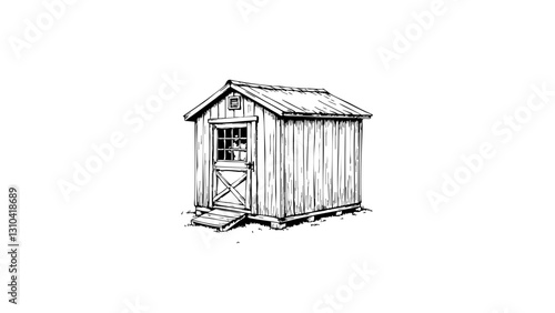 Vintage sketch of a rustic wooden shed against a white background  