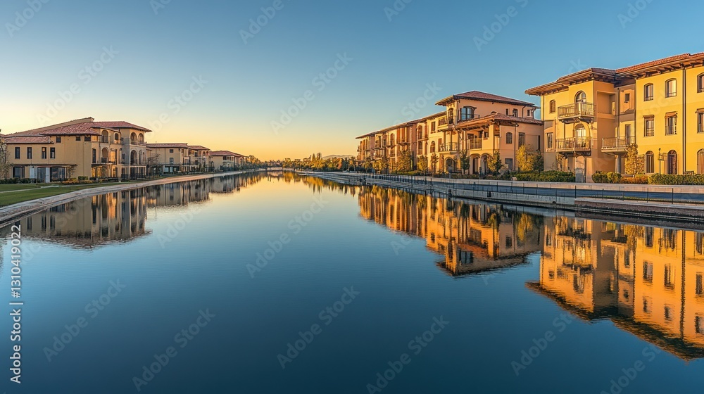 Serene waterfront view of modern architecture reflecting in calm blue water at sunset